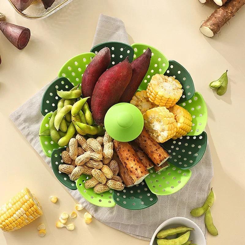 Sammenleggbar Lotus Steamer i plast Dampstativ for matvare Fruktkurver Kjøkken Oppbevaringsstativer Vegetabilsk dampkoker tallerken kokekar