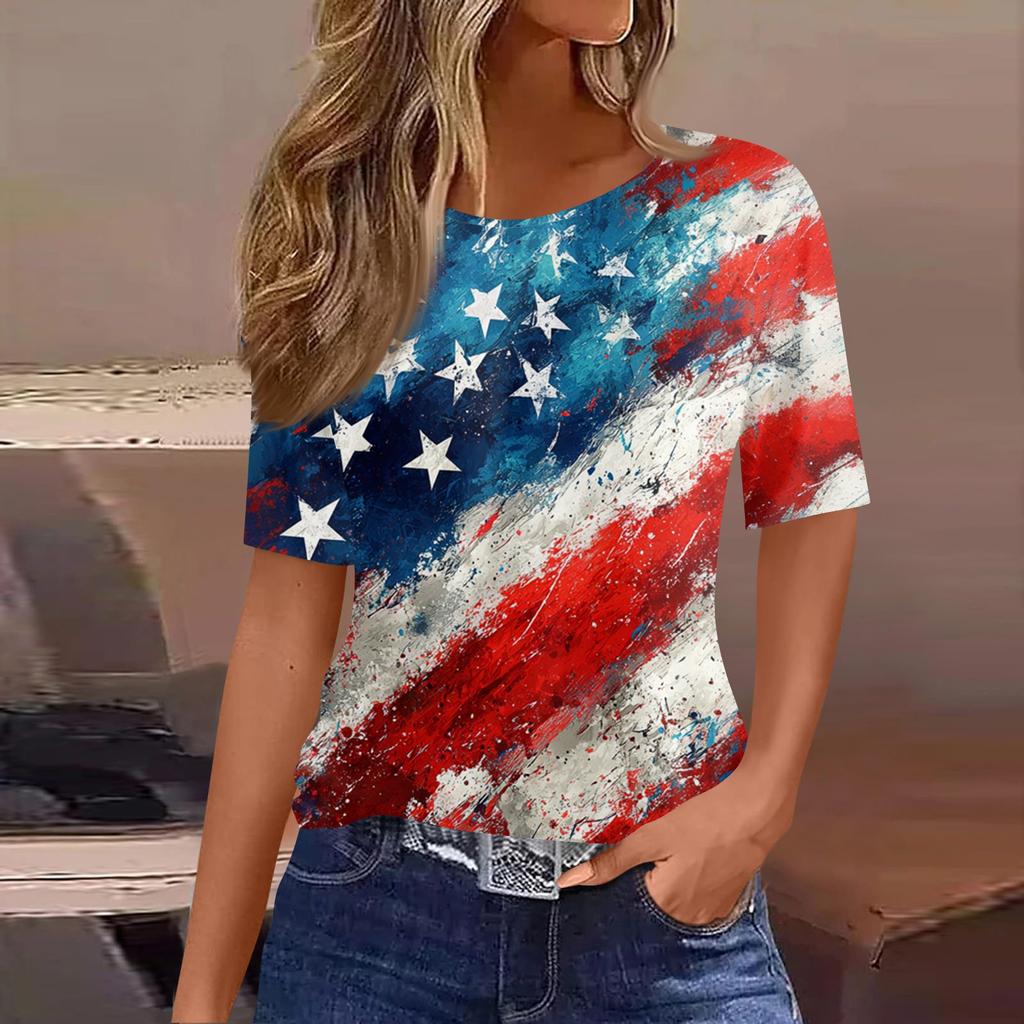 Damski modny, swobodny, krótki rękaw, nadruk, okrągły dekolt, bluzka typu pullover