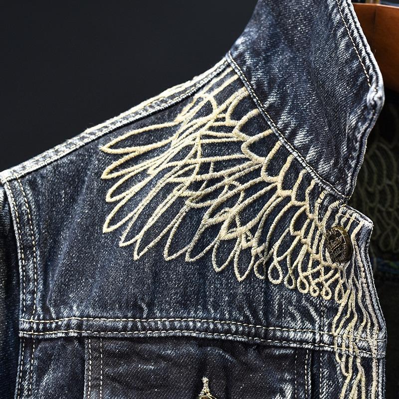 Autumn and Winter Classic Heavy Industry Embroidery Denim Top Retro Retro Trend Motorcycle Wear Multi Pocket Denim Coat for Men