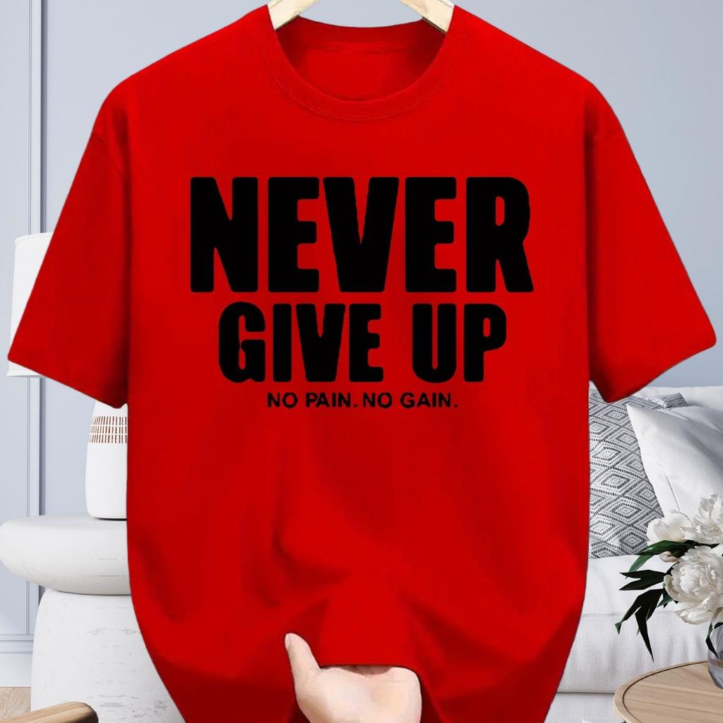 Mens Clothing for Spring and Summer Soft Cotton Never Give Up Printing Daily Fashion Wear Short Sleeved Round Neck Tshirt