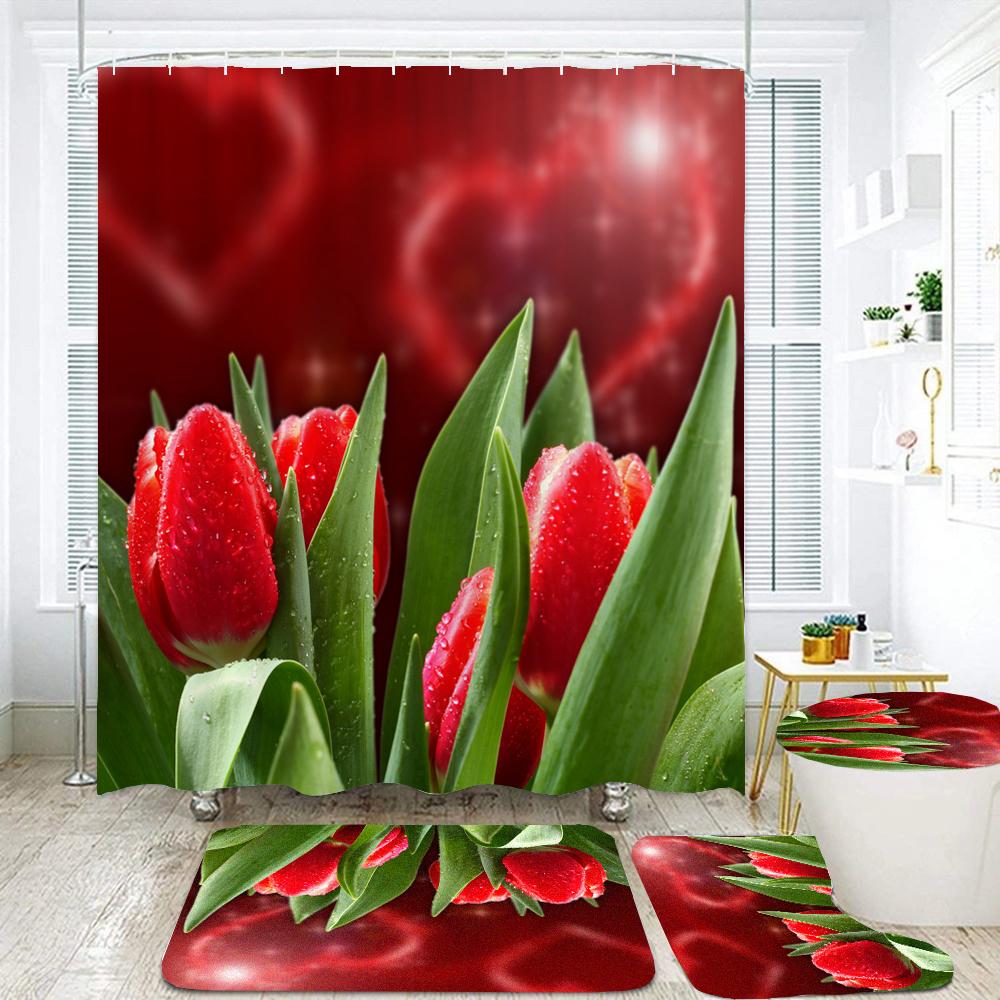 Tulip Flowers Bathroom Curtains Floral Fabric Shower Curtain Set Bath Mats Rugs Toilet Lid Cover Anti-Skid Carpet Home Decor