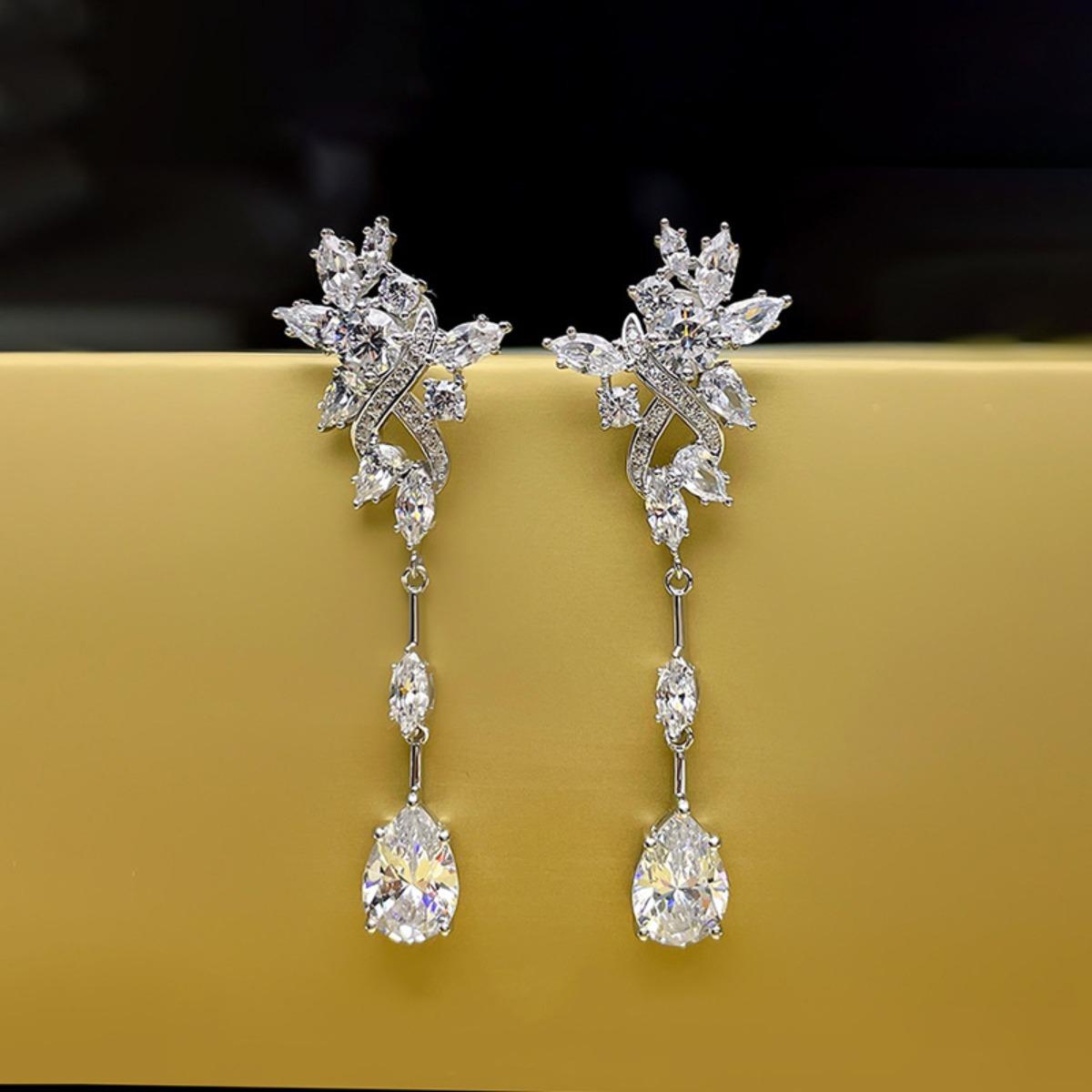 Luxury Floral Vine Long Earrings Sparkling Multi Cut Cubic Zirconia