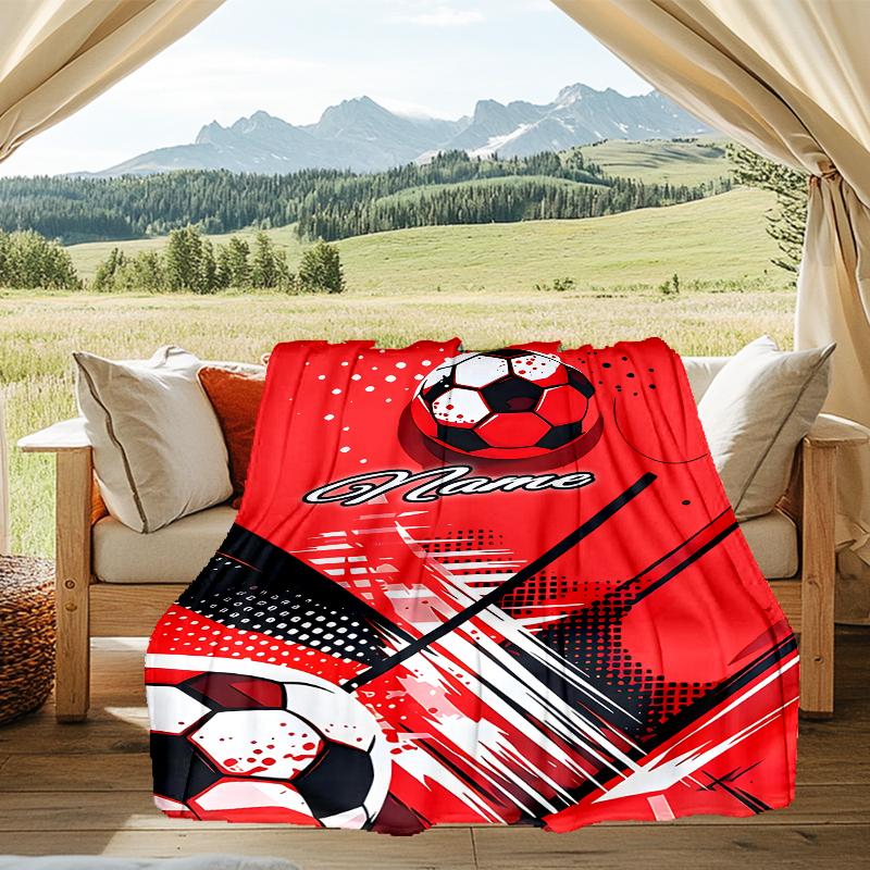 1PC Custom Name Soccer Ball Artwork Outdooor Flannel Blankets Throw Blanket All-Season Throw Gift Bedspread for Couch, Bed, Camping Holiday Birthda