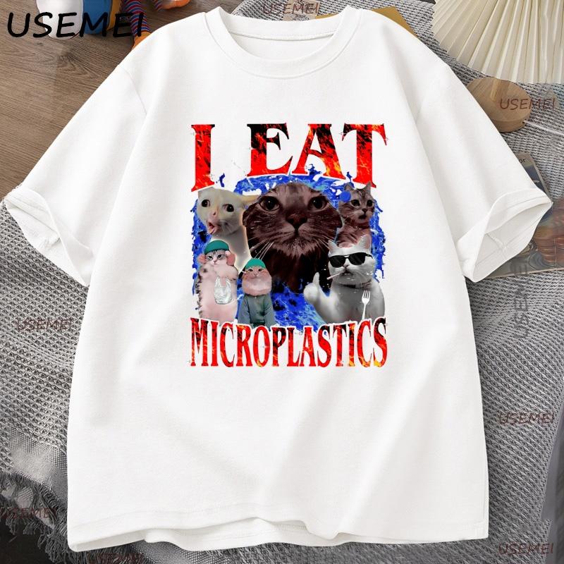 Cursed Cat T Shirt I Eat Microplastics Graphic Tee for Unisex Women Funny Weirdcore Top Cotton Short Sleeve Loose Tshirt Clothes