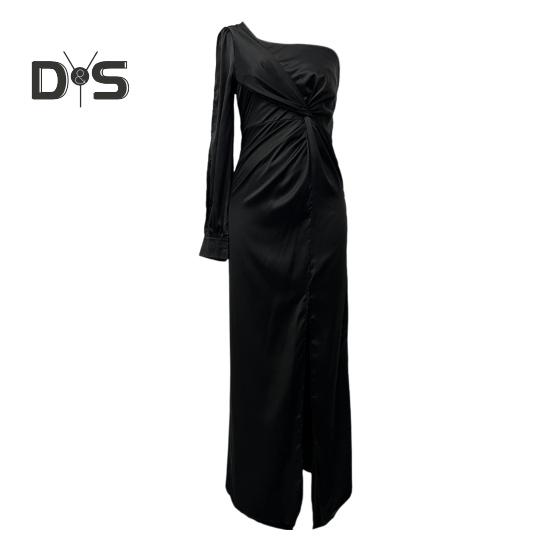 Dámské večerní šaty s jedním ramenem, s jedním otevřeným rukávem, rozděleným lemem, jednobarevný, tenký pas, plisovaný uzel, dekor, jednobarevný, ples, koktejl, párty, maxi šaty