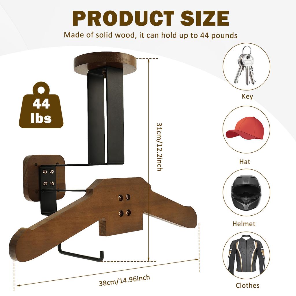 Motorcycle Helmet Holder Solid Wood Clothes Hanger Versatile Wall Mounted Motorcycle Helmet Mount for Hanging Key Gloves Clothes