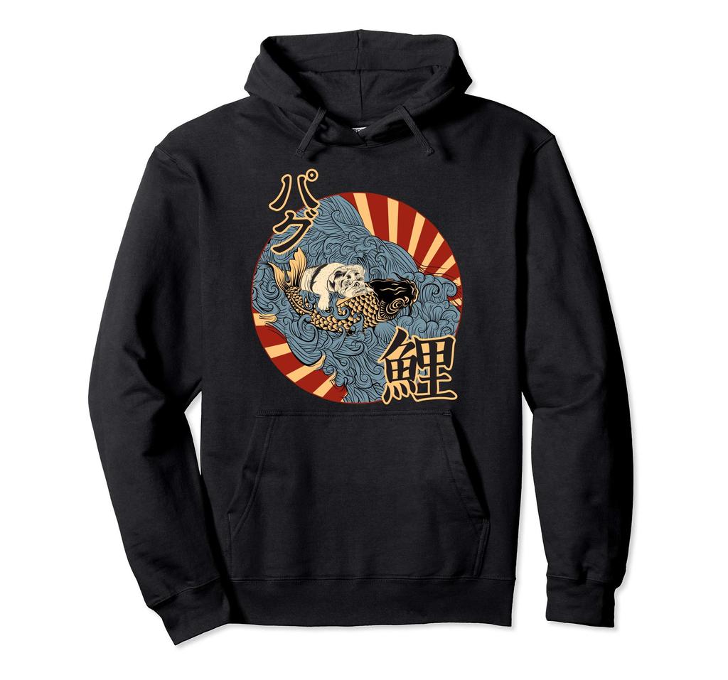 Vintage Japanese Print of a Pug Riding a Carp Through the Waves Hoodie