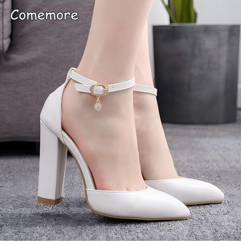 Women's White Bridal High Heels Ankle Strap Chunky Heeled Pointed Toe Wedding Party Dress Shoes Elegant Sandalias De Mujer