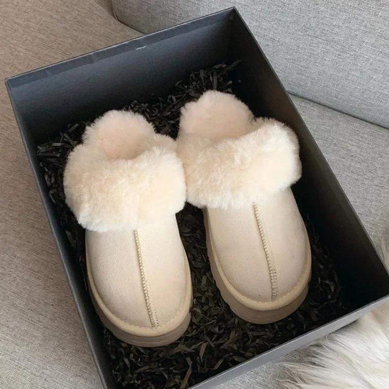 2024 Snow Boots Fur Fur Slippers Female Wearing 2024 New Baotou Flat Half Drag Thick Sole Cotton Shoes Women Boots