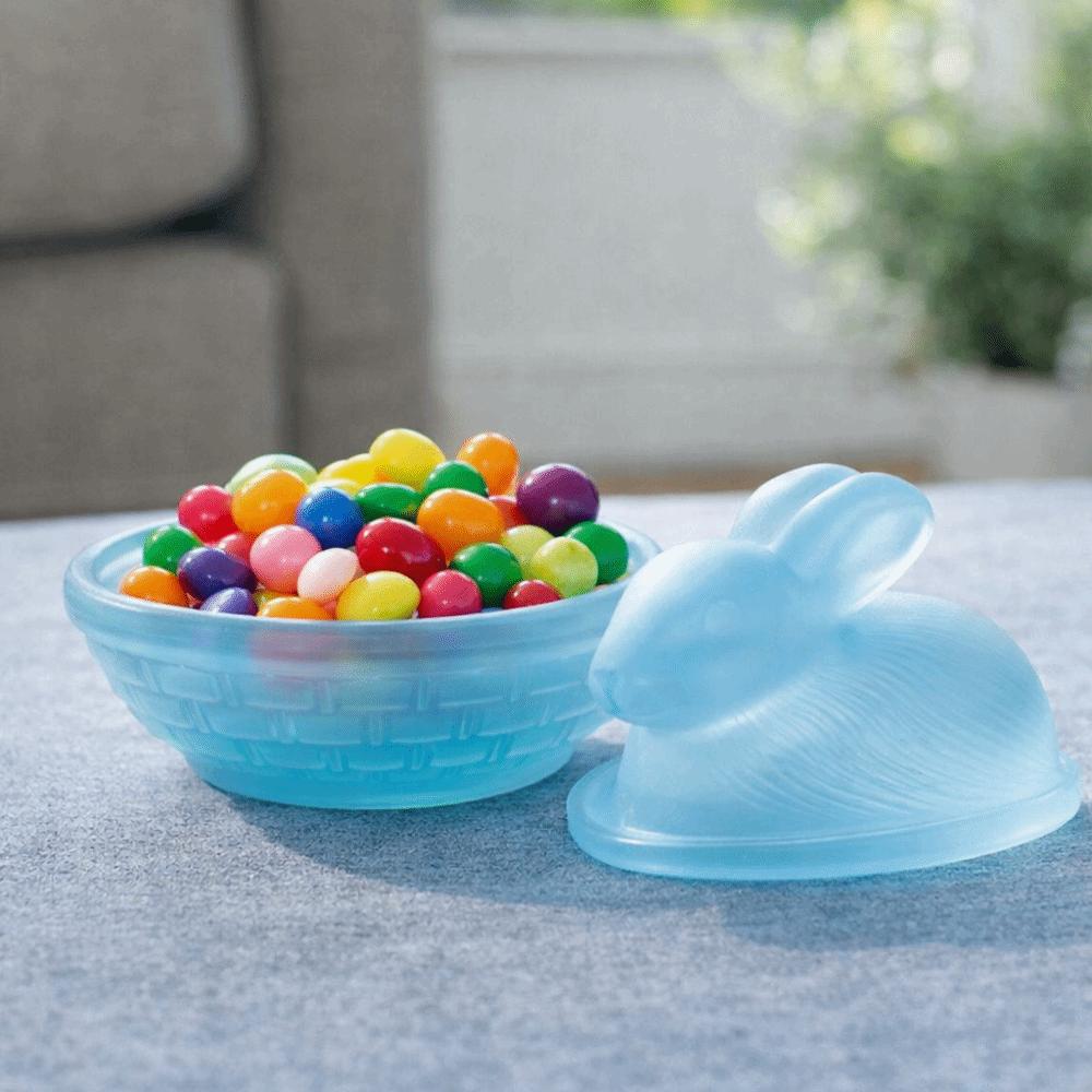 Cute Multi-Color Easter Rabbits Candy Dish Glass Festive Cookies Candy Bowl with Lid Snacks Bowl Dessert Serving