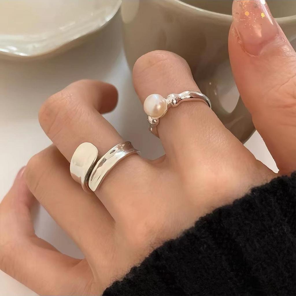 Korean Style Geometric Irregular Faux Pearl Open Adjustable Women's Ring