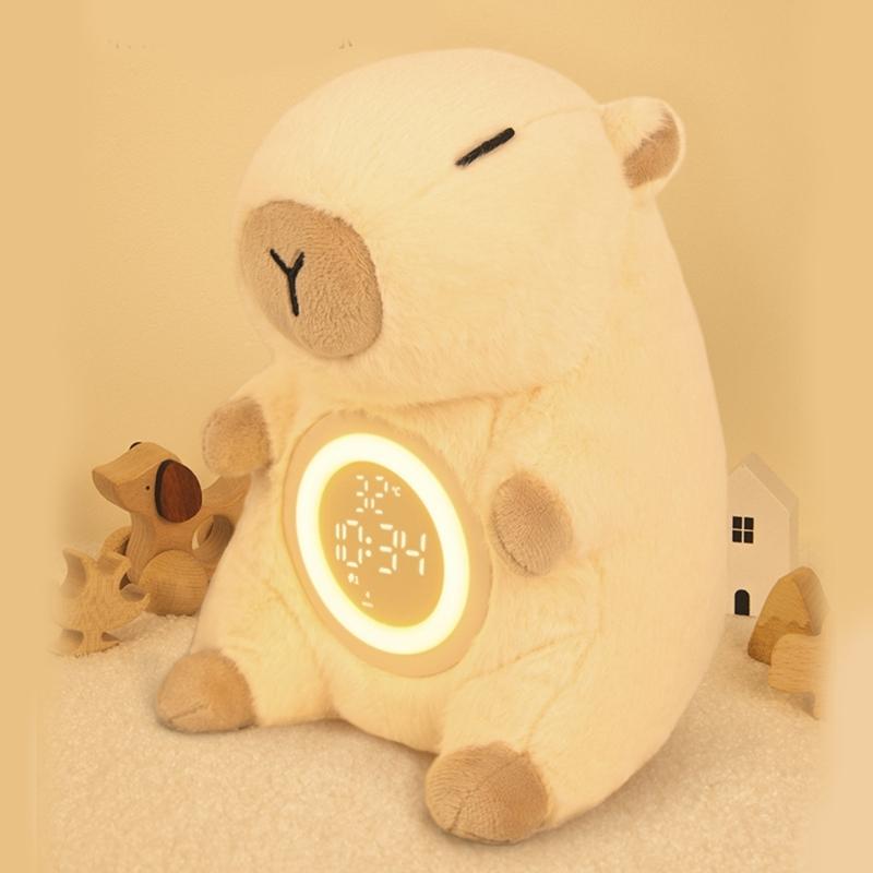 Kinder Plüsch Wecker mit Capybara-Thema und einstellbarer Helligkeit Nachtlicht 2 Alarme Schlummerfunktion USB-wiederaufladbar