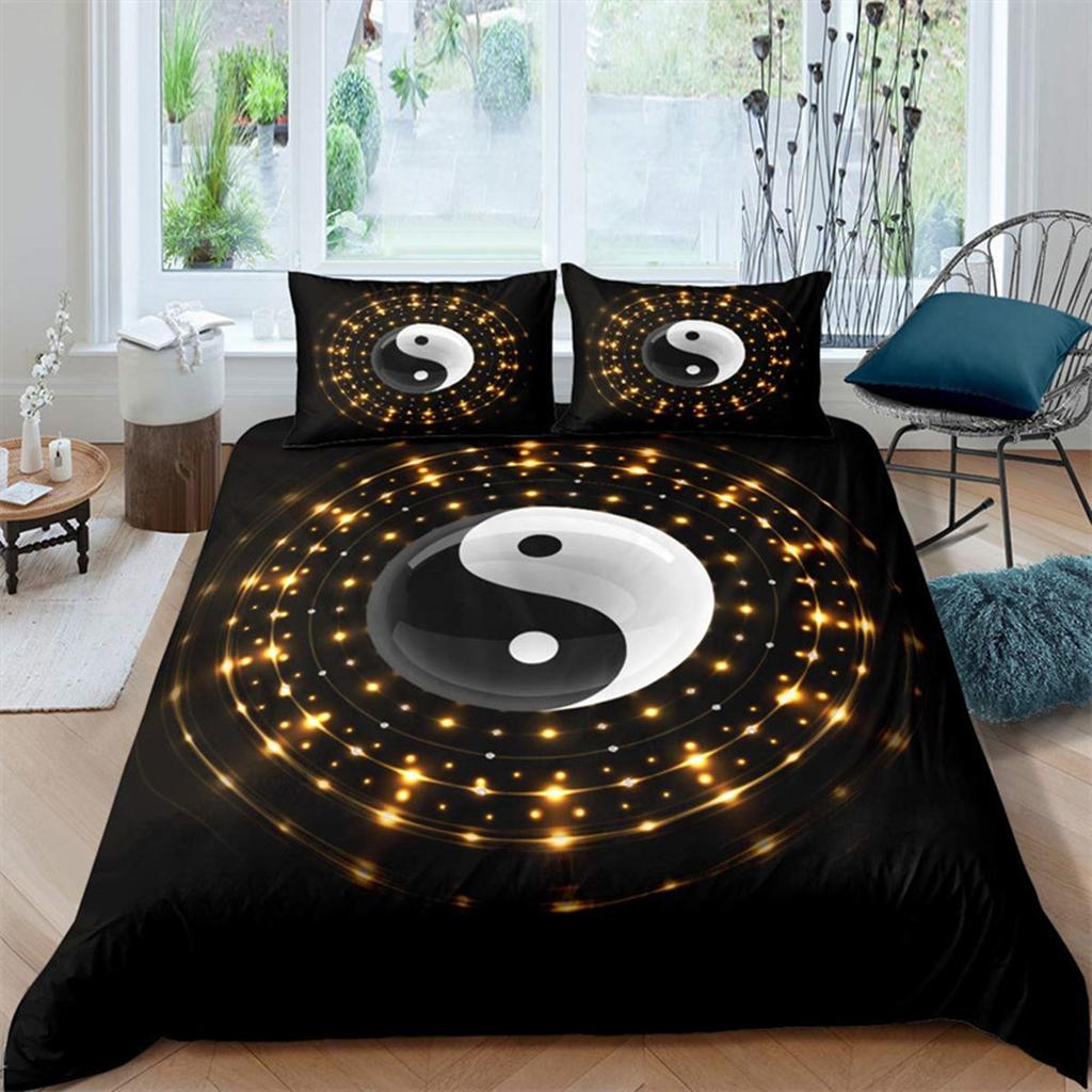 Black and White Yin Yang Duvet Cover Chinese Style Gossip Koi Couple Fish Mysterious Art Theme for Boy Girls Adult Bedroom Decor