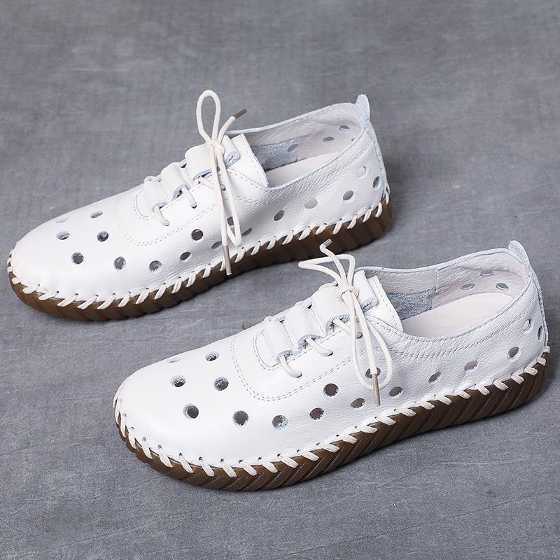 Designer Women 'S Summer Shoes  Casual Lace Up Cutout Hollow Flats Woman Oxford Sneakers Retro Sewing Leather Moccasins