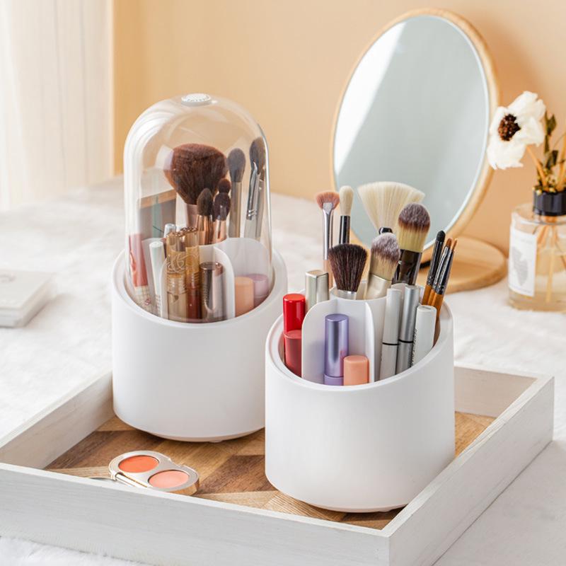 Rotatable Makeup Brush & Pencil Holder with Lid - Dustproof Desktop Organizer for Lipsticks & Eyebrow Pencils