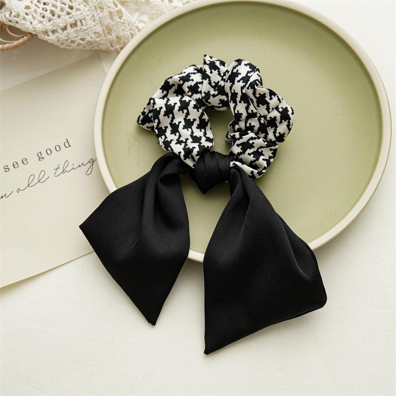 New Black and White Grid Hair Rubber Band Bow Streamer Hair Accessories Large Intestine Hair Ring Elastic Head Rope Accessories