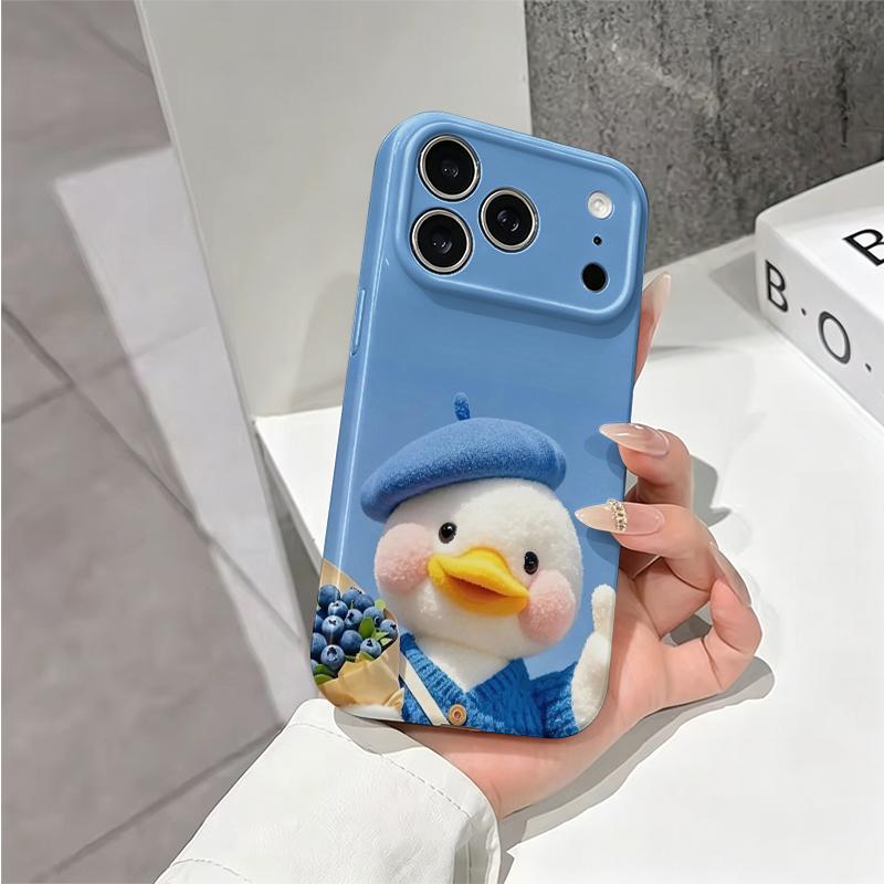 Adorable Fluffy Furry Beret Duck Blueberry Thumb Graphic Art Film Aesthetic Protective Shockproof Bumper Case For iPhone 14 15 16 Pro Max Plus