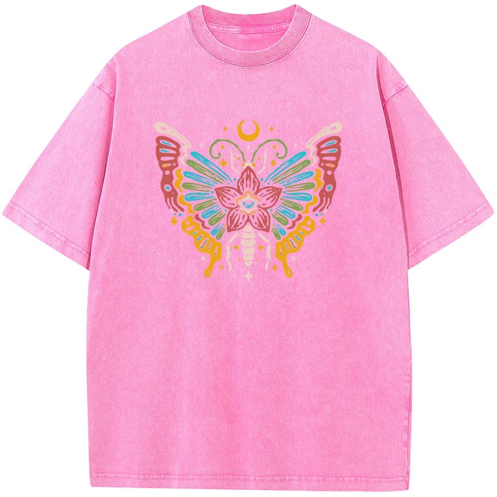 Butterfly Moon Women's Short-Sleeved T-shirt Bleached Tshirt Fashion Loose Washed T-Shirt Cotton Bleach T shirt