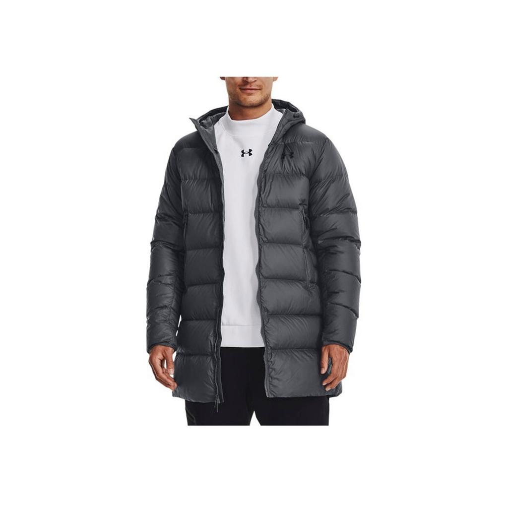 Under Armour Solid Mid-Length Hooded Down Jacket Men Outerwear Grey 1373663-012