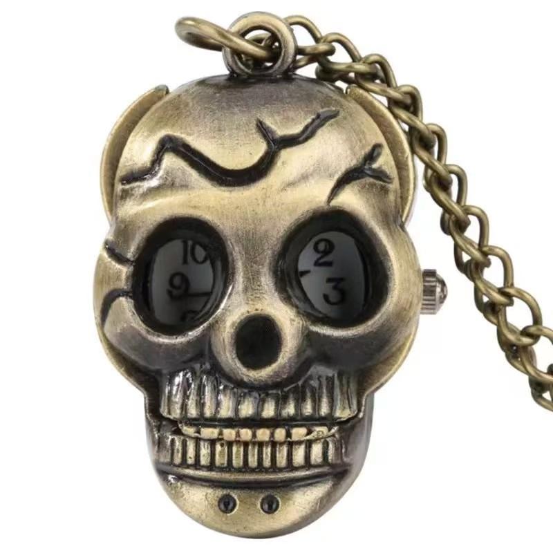 

Retro Bronze Steampunk Skull Quartz Pocket Watch Necklace Pendant Clock Chain Men And Women Chain Halloween Gift бронзовый