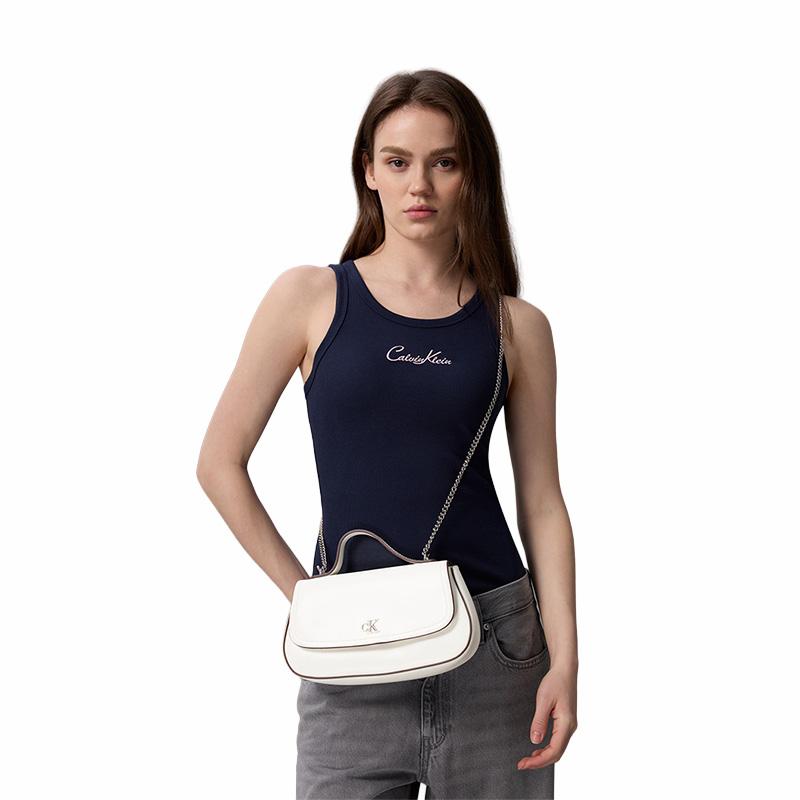Calvin Klein Elegant Commuter Letter Shoulder Chain Mixed Material Tote Bag Small Women handbags Lily-White 4F3282G-FUP