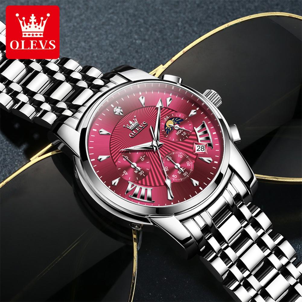OLEVS Mens Watches Top Brand Luxury Moon Phase 24 Hour Chronograph Quartz Watch Stainless Steel Waterproof Sport Wristwatches