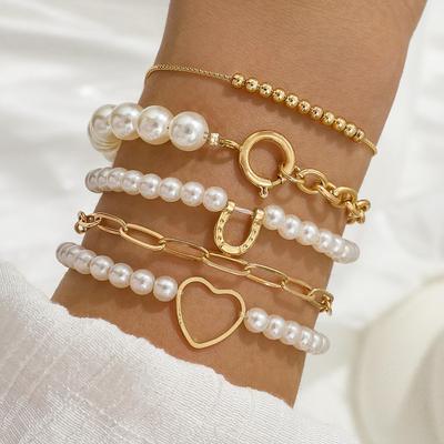 5-Piece Horseshoe Buckle Heart Charm Beaded Bracelet Set with Imitation Pearls & Bullet Clasp for Women