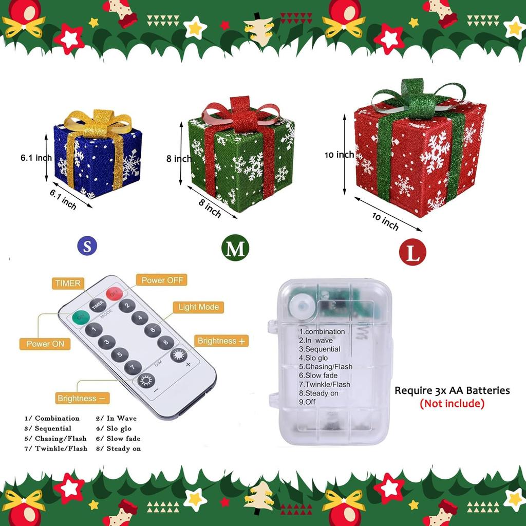 3pcs Lighted Christmas Gift Box Set with Warm LED Lights & Snowy Ribbon Bows  Cordless Holiday Decor (Batteries Not Includ)