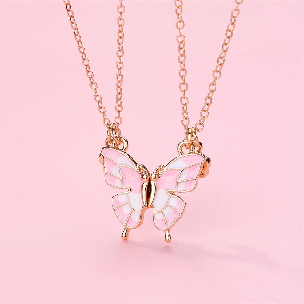 2PCS/Set Beautiful Butterfly Pendant Necklaces Best Friends Couple Magnet Choker Vintage Chain Lover Fashion Party Jewelry Gifts