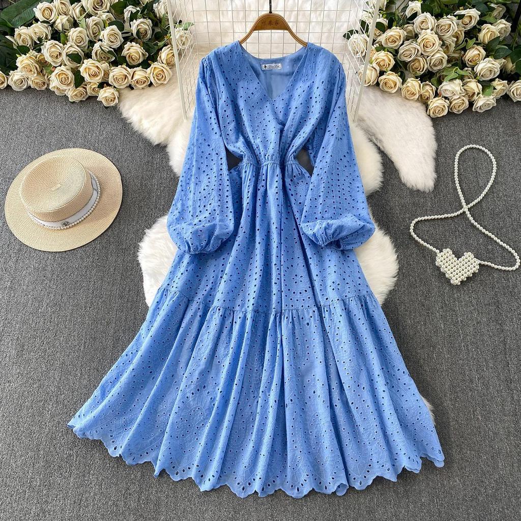 French Pink V-Neck Embroidered Ruffle Dress: Women's Autumn/Winter Waist-Cinching Long Dress