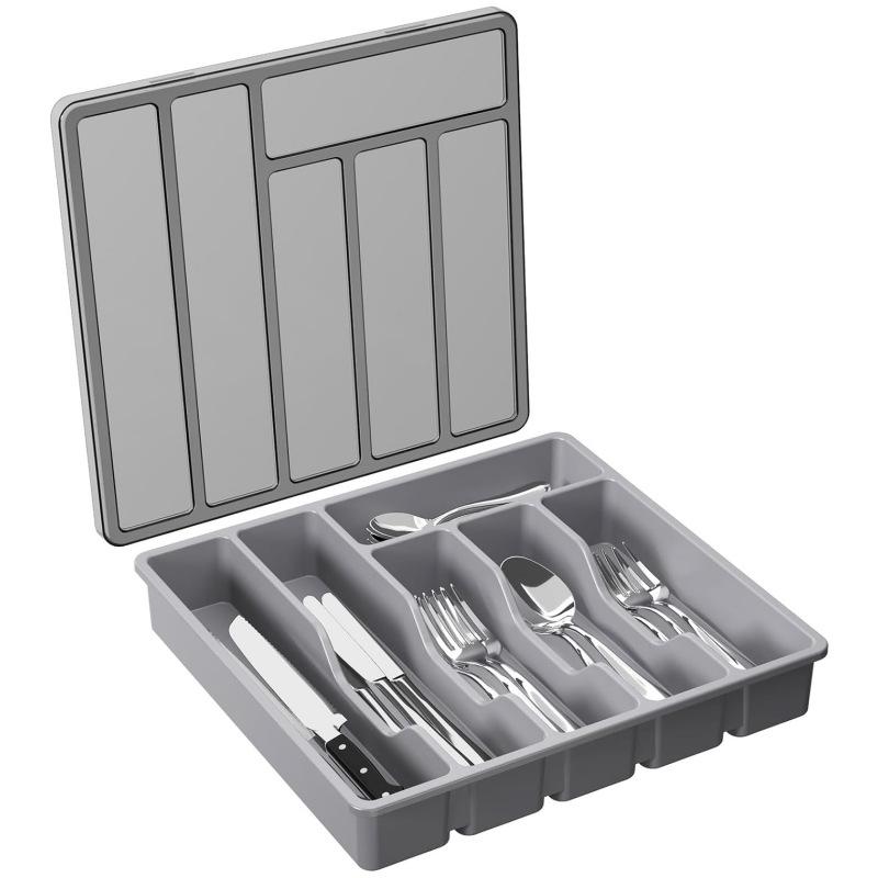 6-Grids Drawer Organiser with Lid, Plastic Small Cutlery Tray for Kitchen Drawer