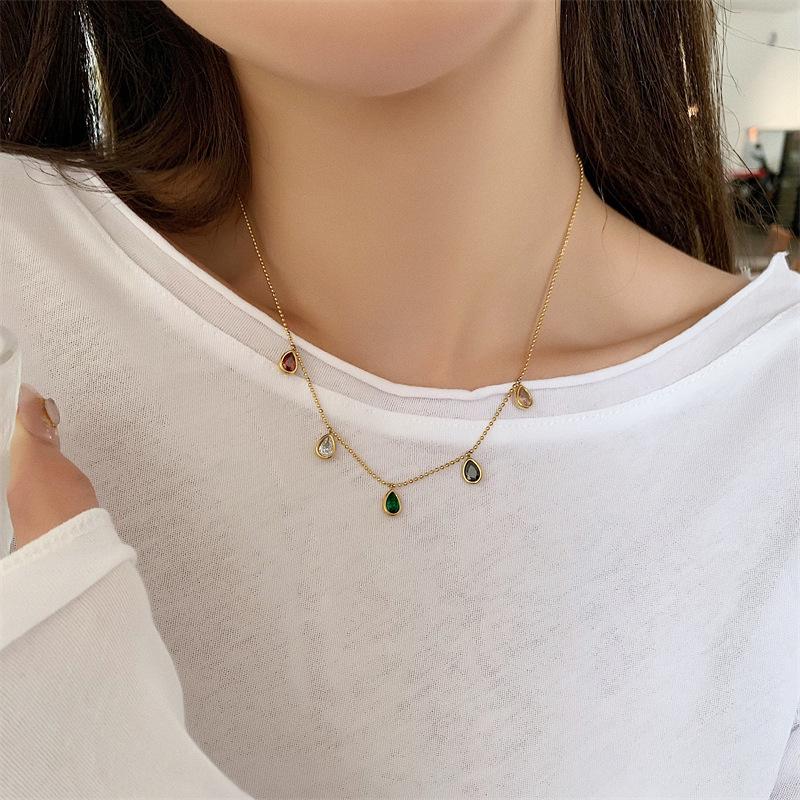 European & American Style Colorful Zircon Water Drop Pendant Necklace, Women's Clavicle Chain, 18K Gold Plated Titanium Steel