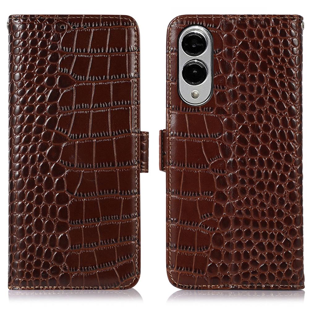 For Samsung Galaxy S25 Edge Case Wallet Crocodile Texture Genuine Cow Leather Phone Cover