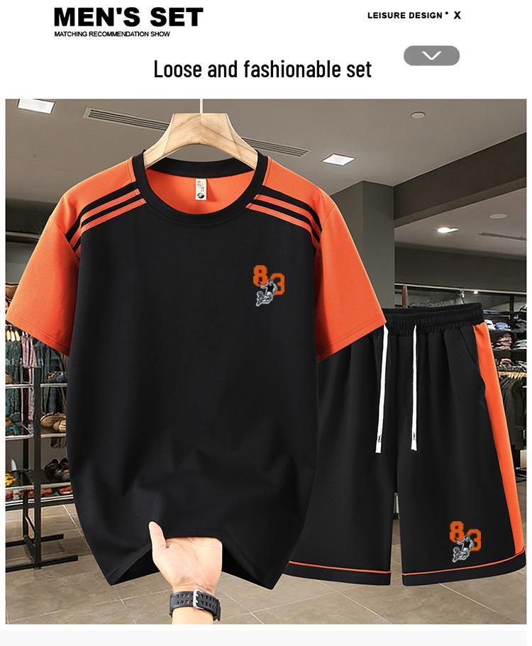 2026 Men's Plus Size Patchwork Short Sleeve Summer Casual Suit - Round Neck Sports Shorts Two-Piece Set