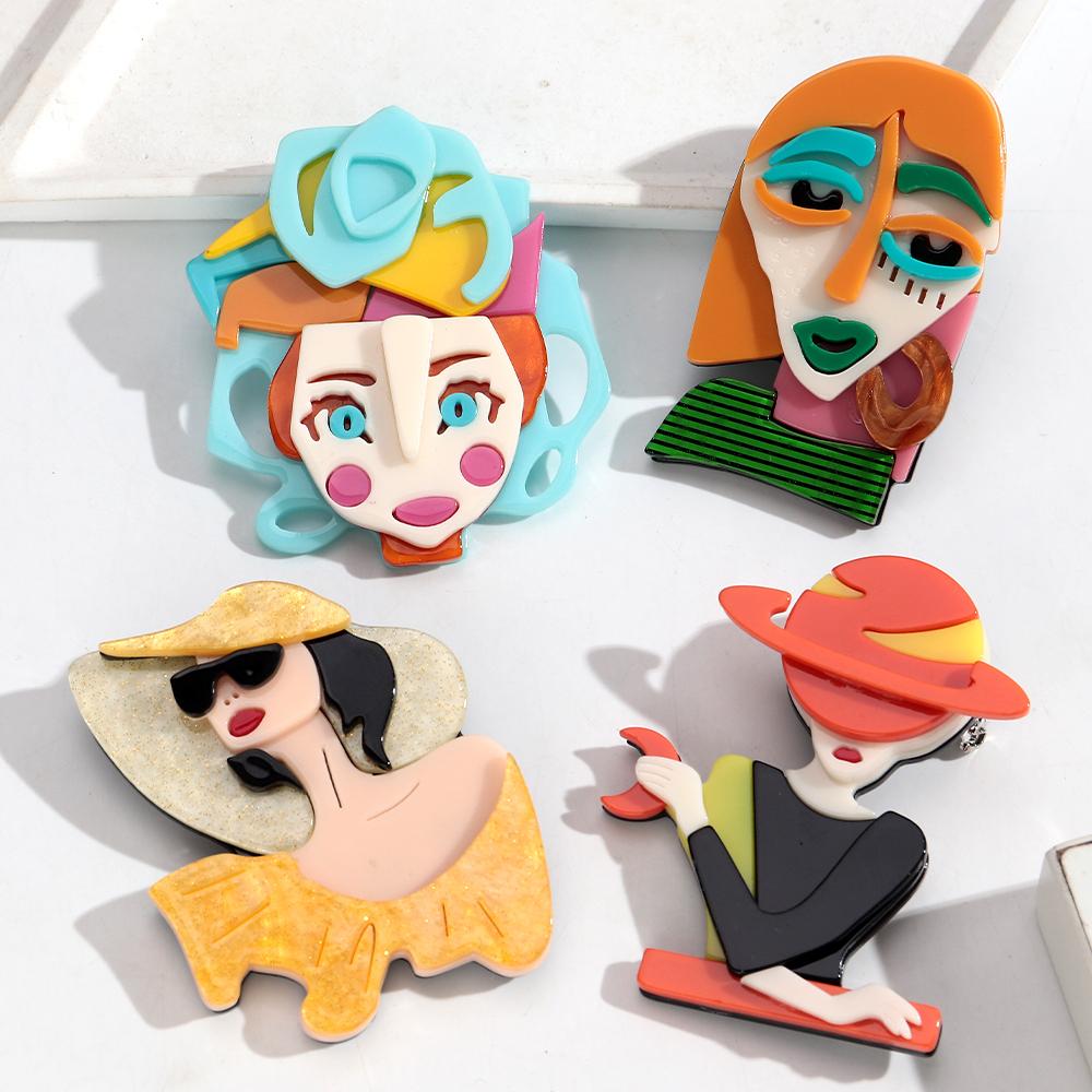 Cute Abstract Lady Acrylic Brooches Pins for Women Personalized Funny Cartoon Girls Figure Resin Badge Jewelry Accessories Gifts