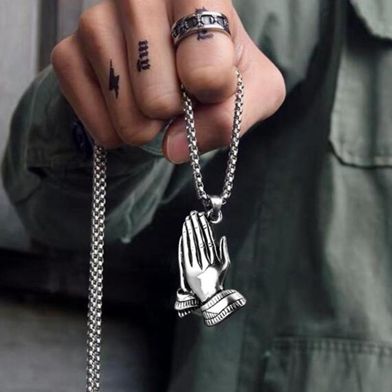 Retro Praying Hands Neckace For Men Hiphop Titanium Steel Chain Trendy Copper Color Palm Clapping Pendant Neck Jewelry Gifts