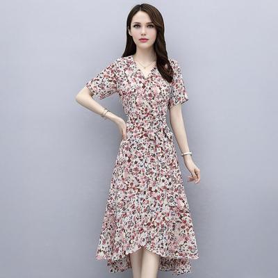 Abito Floreale da Donna Scollo a V Manica Corta Fluido Avvolgente Midi Volant Orlo Irregolare A Linea Abito da Vacanza al Mare