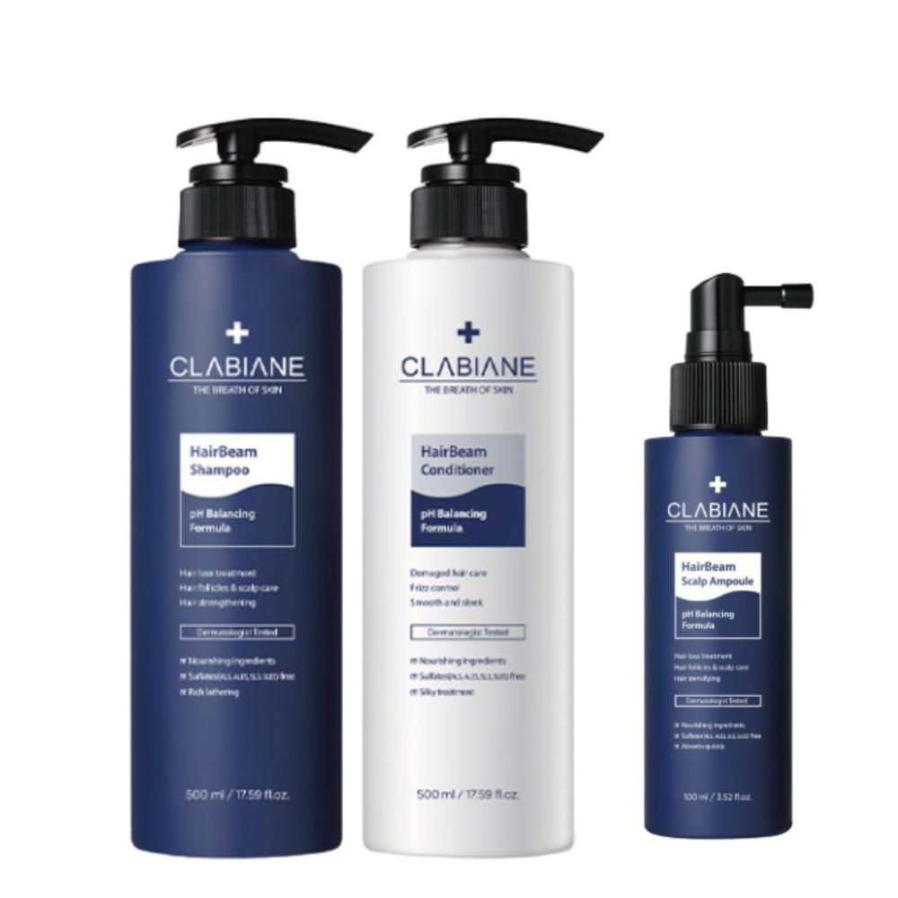 CLABIANE Hair Beam Hair Loss Care 3-Item Gift Set (Shampoo 500ml + Conditioner 500ml + Scalp Ampoule 100ml) Anti-Hair Loss Treatment Scalp Care Kit