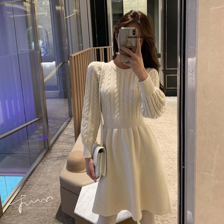 Twisted Knitted Dress for Women In Autumn and Winter High-waisted Casual Long-sleeved Pullover Solid-color Sweater