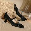 Xiaoxiangfeng Mary Jane Shoes Magic Buckle with Square Head High Heels Thin Heel Spring and Autumn Splicing French Medium Heel Single Shoes