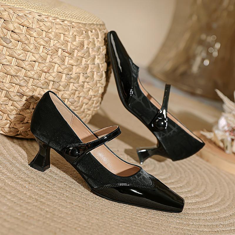 Xiaoxiangfeng Mary Jane Shoes Magic Buckle with Square Head High Heels Thin Heel Spring and Autumn Splicing French Medium Heel Single Shoes