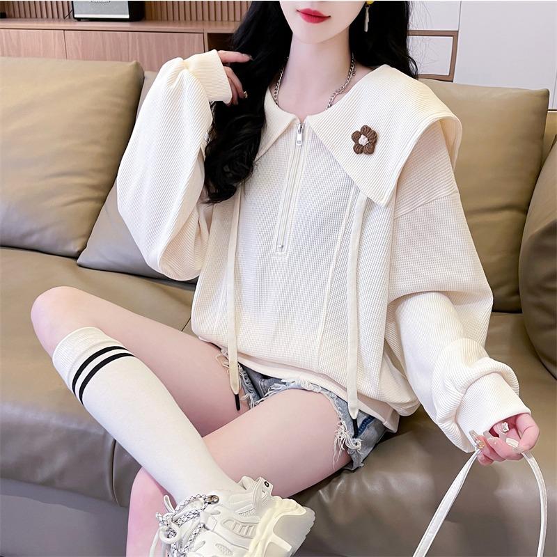 Frühling Neuer Damen Waffel Marine Kragen Dünner Langarmpullover