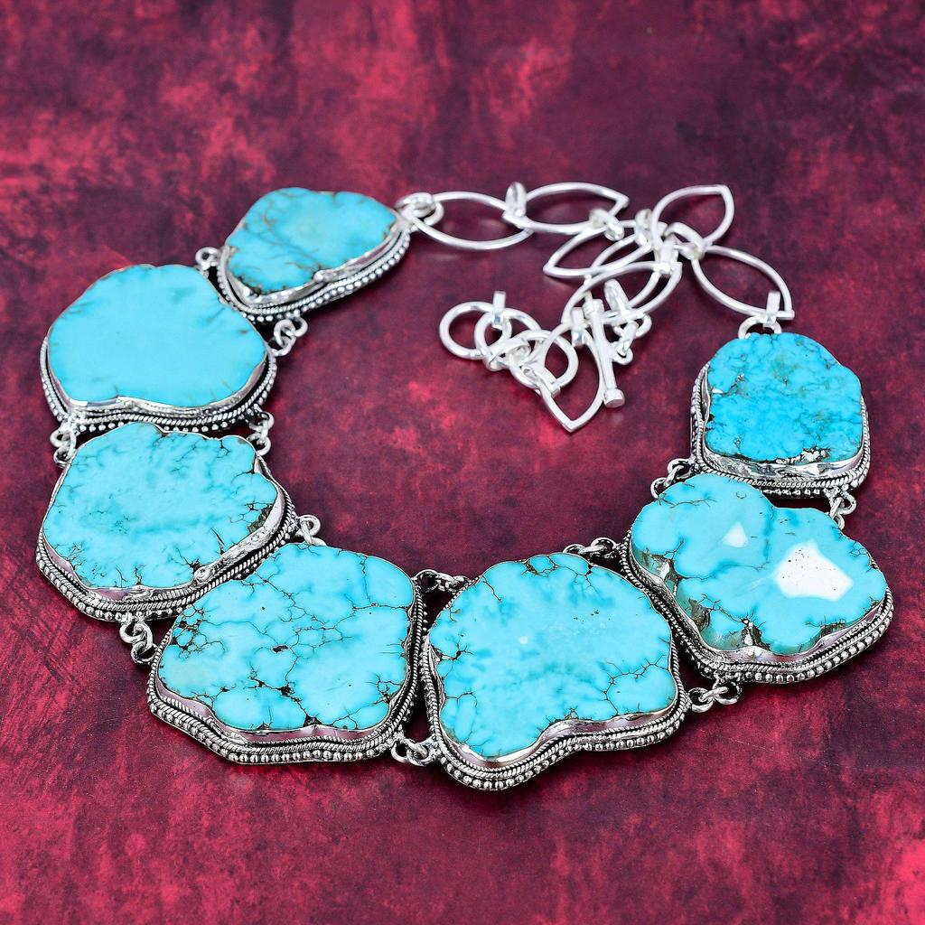 Turquoise Slice Necklace Gemstone Jewelry, 925 Solid Sterling Silver Necklace, Adjustable Handmade Chain Necklace Gift For Birthday Jewelry