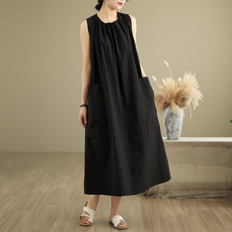 

2025 Sleeveless Round Neck Mid-Length Dress with Large Pocket, Loose Fit, Japanese Style XXL чёрный