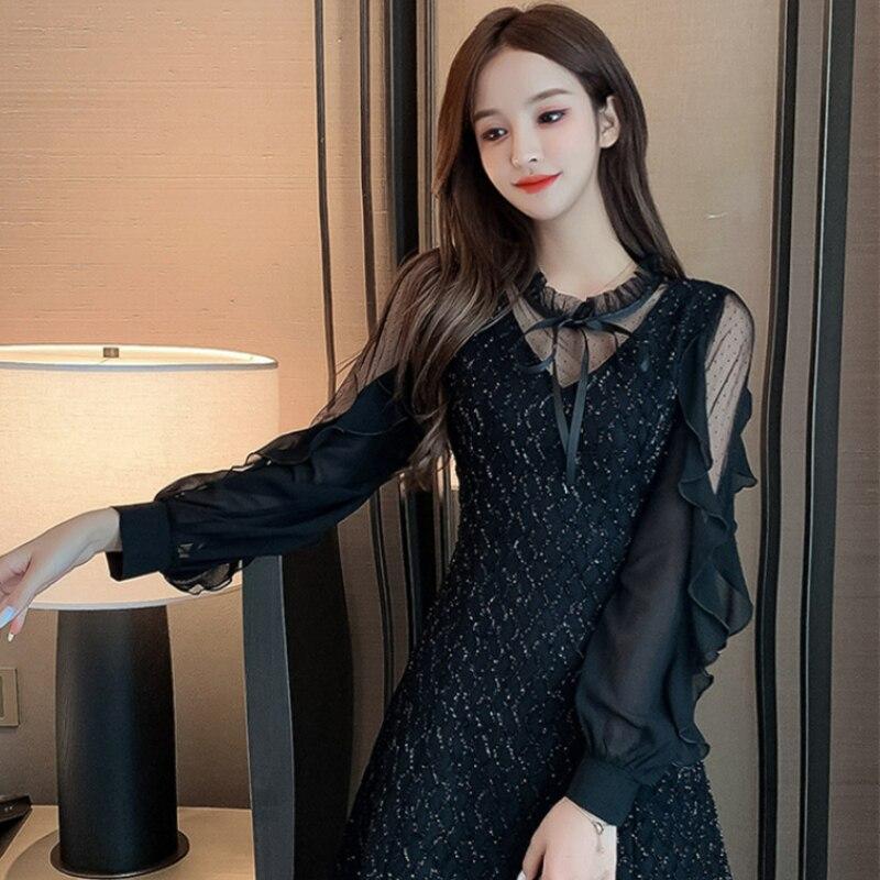 Long Sleeve Dresses Women Black Lace Patchwork Casual Office Ladies Elegant Slim Party Spring Vestidoes Chic Mid-Calf Vintage
