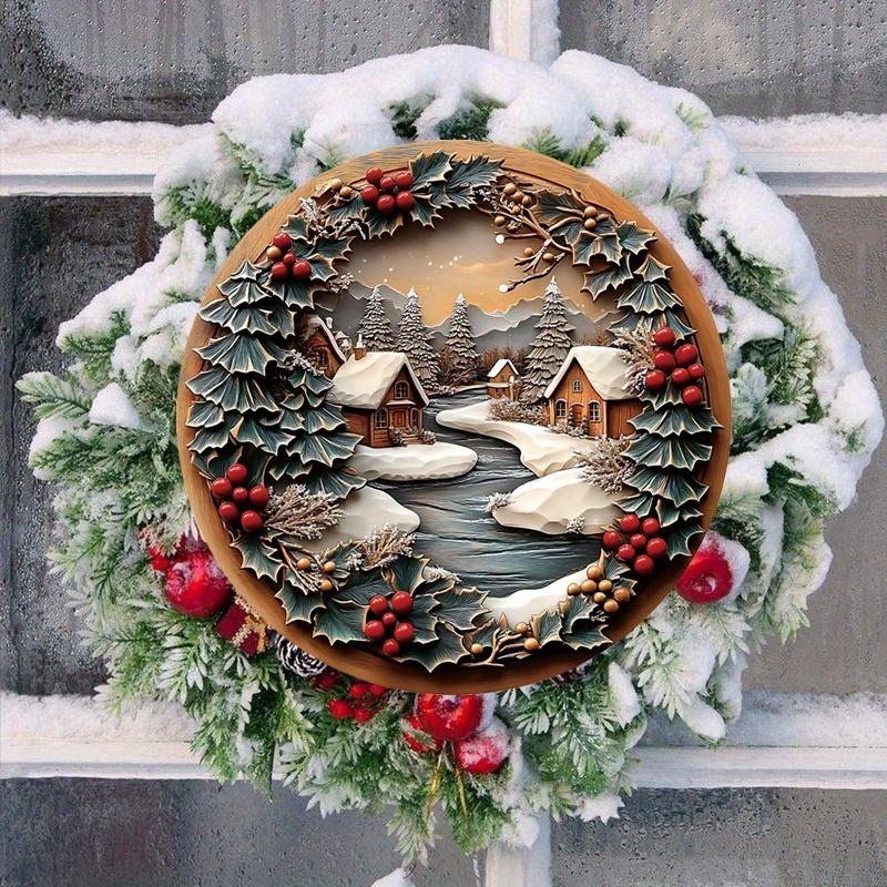 Rustic Christmas Wooden Sign with Snowy House Pattern - Navidad Round Sign for Front Door, Wall Hanging Decor - Ideal Christmas Decor