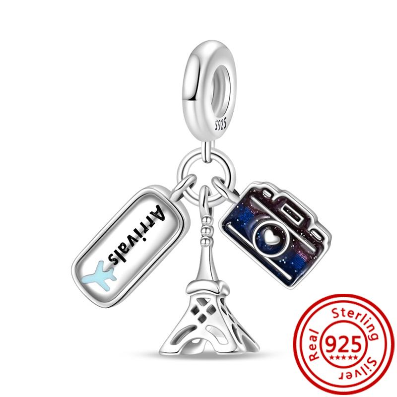 925 Sterling copper Star Moon Sun Airplane Travel Passport Postcard Pendant Blue Beads Fit Pantaro Charms Bracelet Women Zircon