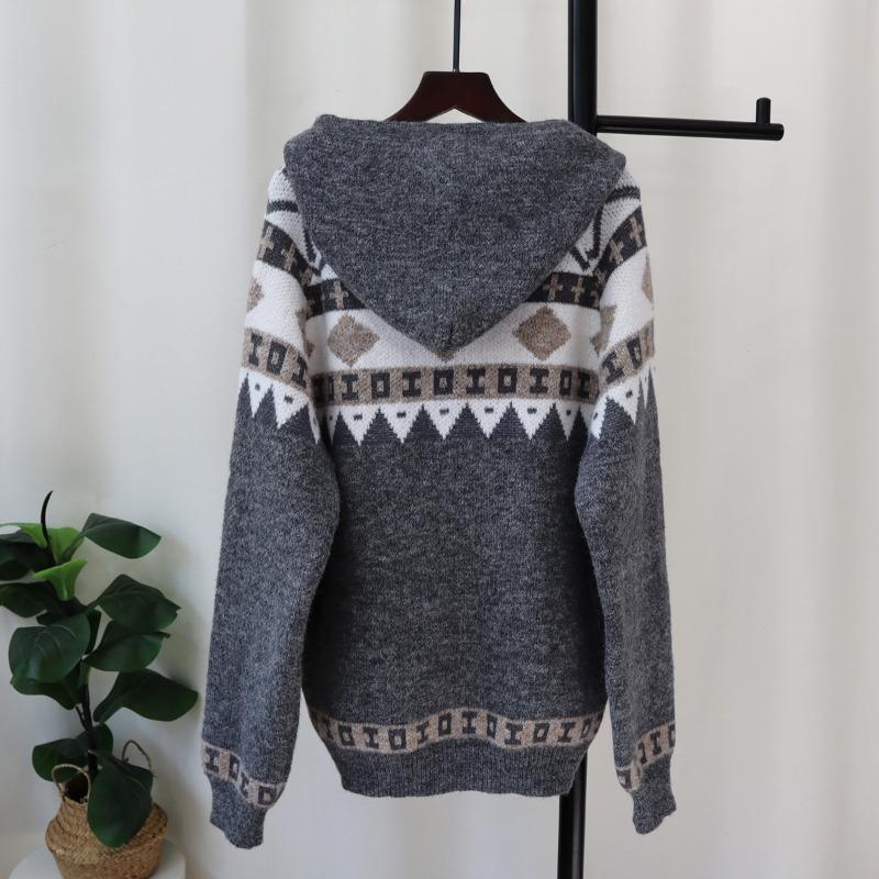 Retro Hooded Horn Buckle Knitted Cardigan Autumn and Winter New Design Sense Loose Lazy Wind Sweater Jacket Women