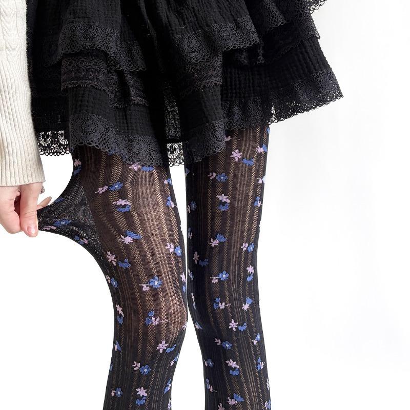 Dames Bloemenprint Panty's, Zacht Gebreide Katoenen Panty's, Vintage Zoet Patroon Leggings, Comfortabele Elastische Ondoorzichtige Sokken Dagelijks Casual One Size black