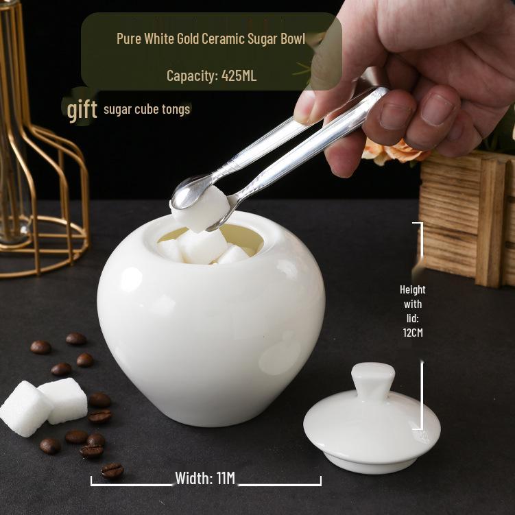 Bone China White Sugar Bowl with Gold Rim - Ceramic Square Canister for Coffee Accessories